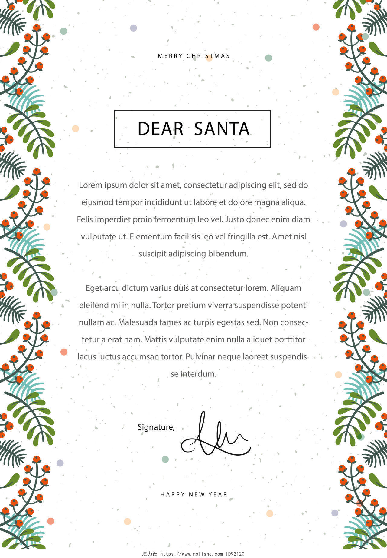 含羞草花边清新圣诞节信纸设计